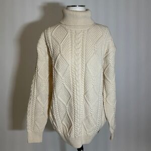Blarney Aran Merino Wool Chunky Cable Knit Turtleneck Sweater Womens Large Cream